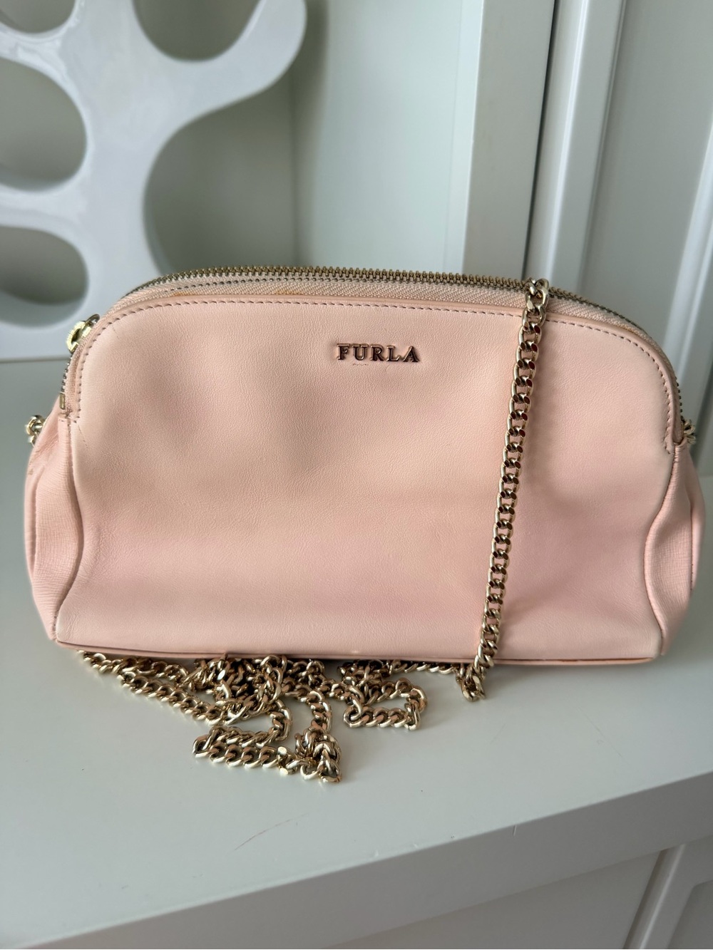 FURLA Light pink Capriccio Shoulder Chain Gold Strap Bag Purse Leather Crossbody